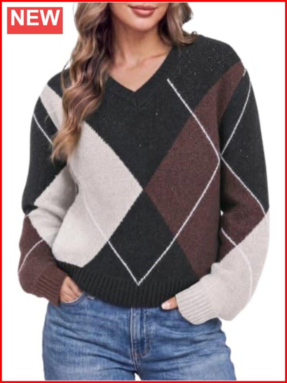 Womens V Neck Argyle Sweater Long Sleeve Knit Casual Pullover